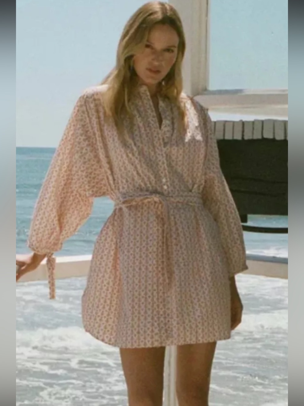 Doen Blush Pink Printed Tie-Waist Mini Shirt Dress